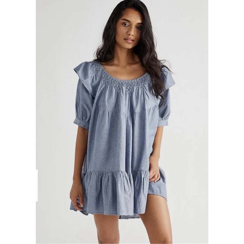 Free People Amelie Denim Mini Dress Blue Chambray Ruffle Puff Sleeve XS EUC